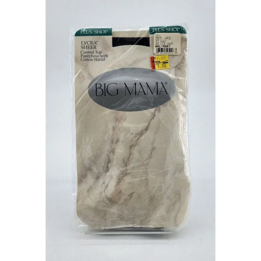 Vtg Big Mama Lycra Sheer Control Top Pantyhose‎ Cotton Shield Off Black Sz Large